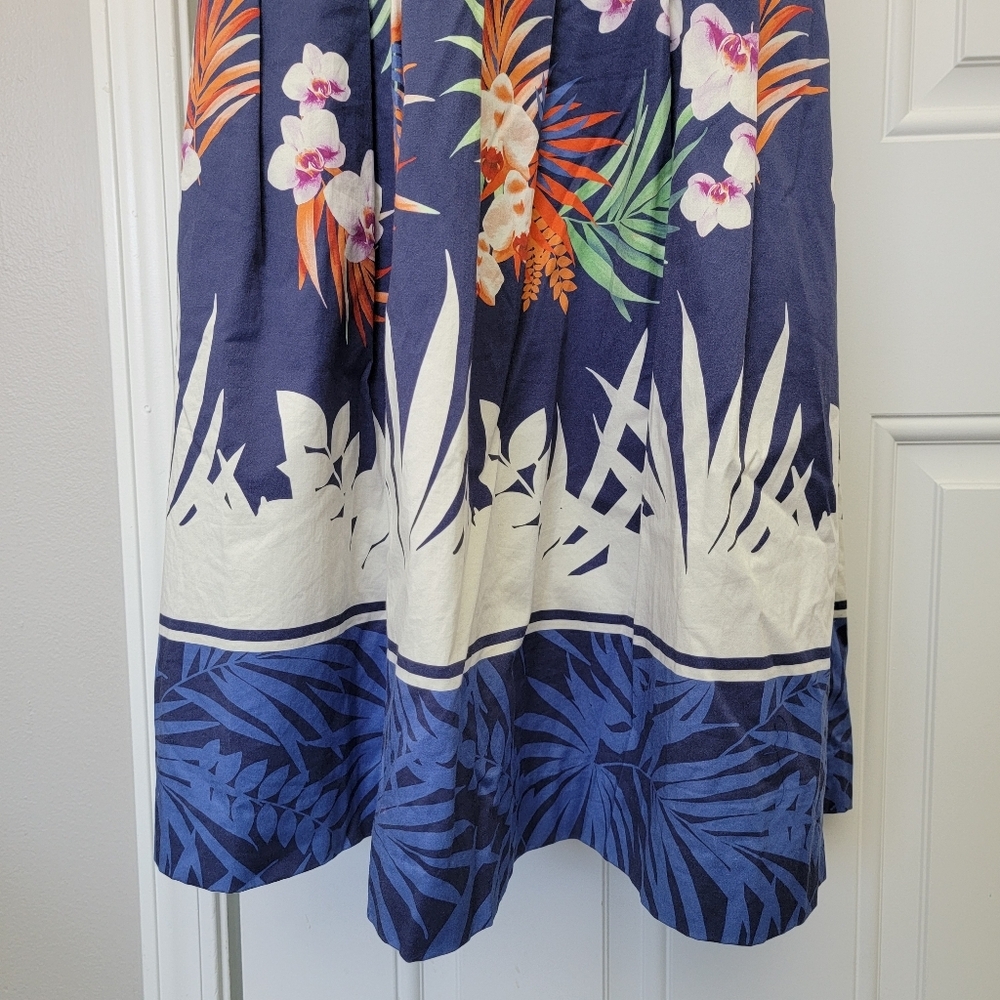 Talbots Tropical Print Sleeveless Lined A Line Dress Blue Orange Pleated Size 8 - Picture 6 of 15